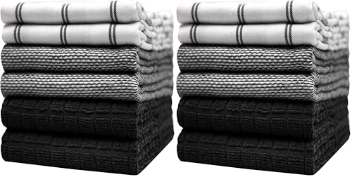Premium Kitchen Towels (20”x 28”, 12 Pack) | Large Cotton Dish Towels | Flat & Terry Highly Absorbent Kitchen Linen Set with Hanging Loop | Black Check - color: Black Check, size: Kitchen Towels - Mixed Styles (Pack of 2)