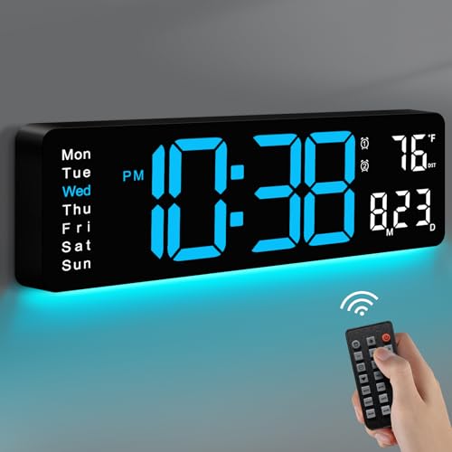 MASHI Digital Wall Clock, 16" Large Display Digital Clock with Remote Control, Auto-Dimming Wall Clock with Night Light, DST, Date Week,Temp for Living Room, Bedroom, Decor, for Elderly - color: Blue