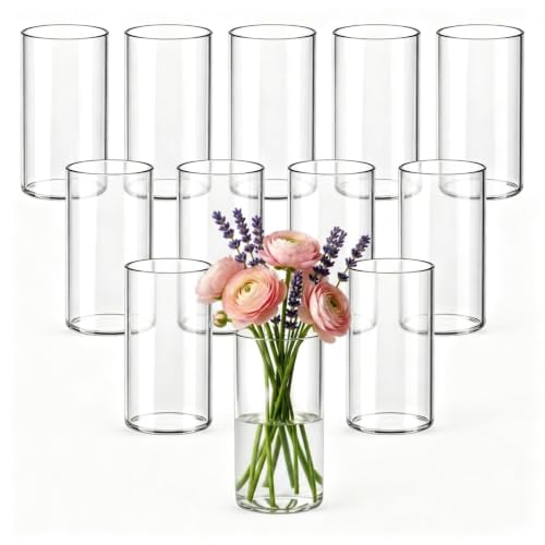 DicraoLe 12Pcs Borosilicate Glass Vase Set, | Durable Flower Vase Bulk for Wedding Centerpieces, Clear Small Bud Vases for Restaurants, Parties & Home Table Decor