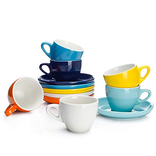 Sweese Espresso Cups with Saucers, 4 Ounce Demitasse Cups, Perfect for Single or Double Espresso, Cappuccino, Latte and Tea - Set of 6, Multicolor, Hot Assorted Colors - color: Multicolor, size: 4OZ