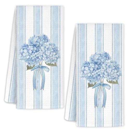 Light Blue Striped Hydrangea Bow Decorative Hand Towels for Bathroom Washroom Set of 2, Blue Hydrangea Bathroom Decor, Flower Floral Hydrangeas Lovers Gifts for Kids Women, 16x24 Inch - color: Stripes Hydrangea