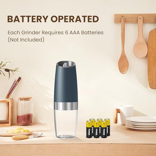 Battery Gravity Salt Pepper Grinder Set, 2 Pack (Grey) | Gravity Automatic Grinder With LED Light & Adjustable Roughness, Each Requires 6 AAA Batteries For Kitchen Daily Seasoning - color: Battery/Set/ Grey