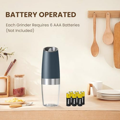 Battery Gravity Salt Pepper Grinder Set, 2 Pack (Grey) | Gravity Automatic Grinder With LED Light & Adjustable Roughness, Each Requires 6 AAA Batteries For Kitchen Daily Seasoning - color: Battery/Set/ Grey