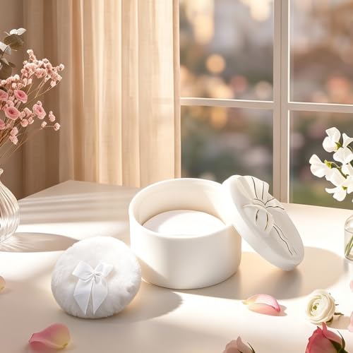 ELLDOO Body Powder Puff and Container, Wedding Bridal Shower Gifts(White) | Ceramic Loose Dusting Powder Storage Box with 2pcs Powder Puffs for Baby Women, Jewelry Trinket Box with Bow Lid - color: White