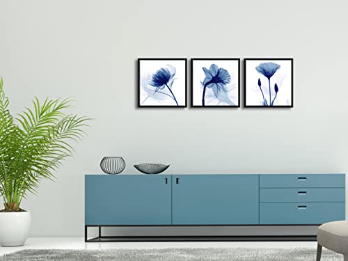 Wieco Art Framed Blue Abstract Flowers 3 Panels Canvas Prints Wall Art Modern Pictures Artwork for Living Room Bedroom Home and Office Decorations with Black Frame - size: 12x12inchx3pcs (Framed)