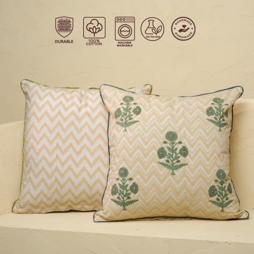 JBH Hand Block Print Reversible Throw Pillow Covers 18x18 Inch Set of 2 – Handmade (Green, Cream, 18x18 inch) - color: Green, Cream