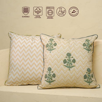 JBH Hand Block Print Reversible Throw Pillow Covers 18x18 Inch Set of 2 – Handmade (Green, Cream, 18x18 inch) - color: Green, Cream