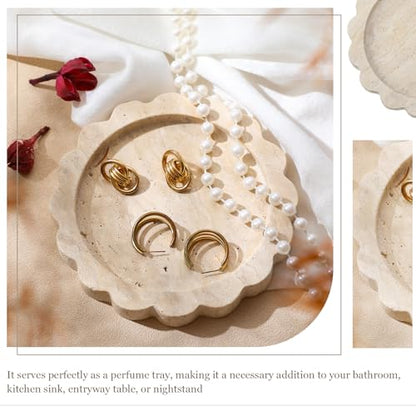 5.5 Inch Small Travertine Stone Tray Marble Jewelry Dish Trinket Tray for Women, Perfume, Coffee Table(Round,Scallop) - style: Round，Scallop