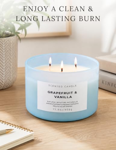 Grapefruit Vanilla 3-Wick Soy Candle, 15.8 Oz Large Scented Candle for Home | Bright Creamy Citrus With Bergamot & Berries, Aromatherapy, Room-Filling Scent, Clean Burn, 15.8 Oz, Blue Jar, Gift Ready
