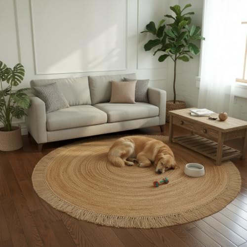 Hand Woven Jute Round Rug, Natural Reversible Boho Area Rug for Entryway, Kitchen, Living Room and Bedroom I Farmhouse Indoor Floor Rug - 5ft, Circular - size: 5' (Round)