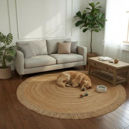 Hand Woven Jute Round Rug, Natural Reversible Boho Area Rug for Entryway, Kitchen, Living Room and Bedroom I Farmhouse Indoor Floor Rug - 5ft, Circular - size: 5' (Round)