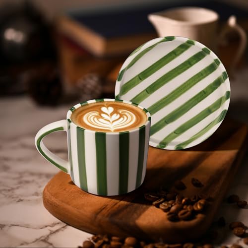 Ceramic Coffee Mug,9oz Hand-Painted Green Espresso Cup & Saucer | Vertical Striped Art Small Cute Aesthetic Cup with Handle,Porcelain Stylish Mug Set Suit for Tea Matcha Latter,Multiple Use