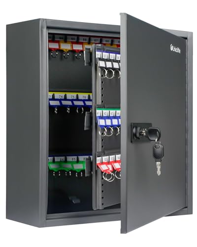 Uniclife 120 Position Key Cabinet with Combination and Key Lock Resettable Black Digital Security Storage Box Steel Key Organizer with Adjustable Racks Colorful Key Tag Stickers and Hooks - color: Black, size: 120 Keys
