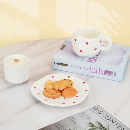 Koythin 10oz Ceramic Mug With Saucer, Small Red Heart Couple Latte Tea Cup | 300ml Heart Pattern Cup, Safe For Microwave & Dishwasher; Couple Cup - color: Small Red Heart