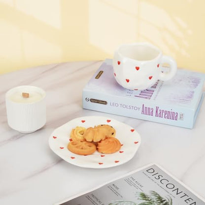 Koythin 10oz Ceramic Mug With Saucer, Small Red Heart Couple Latte Tea Cup | 300ml Heart Pattern Cup, Safe For Microwave & Dishwasher; Couple Cup - color: Small Red Heart