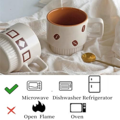 Ceramic Stackable Coffee Mugs, Beige&Brown, Set of 4 | for Au Lait, Cappuccino,Latte,Cafe,Mocha,Tea, Geometric Pattern Cups Suit For Housewarming Wedding- - color: Brown