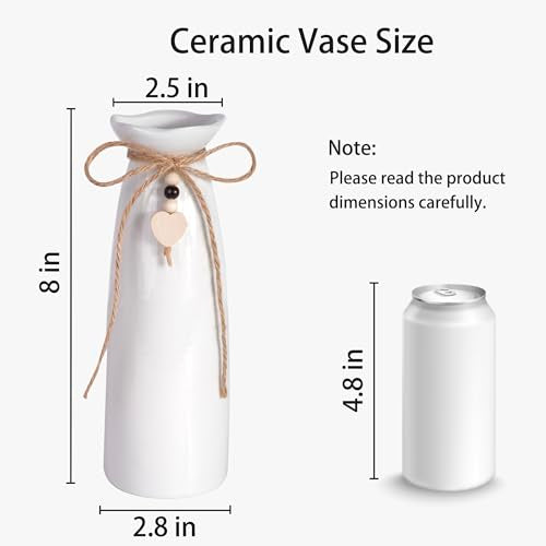 8 Inch Ceramic Vase with Jute Rope & Heart Charm, Elegant White Decorative Vase for Home Décor & Table Centerpieces - style: Slim