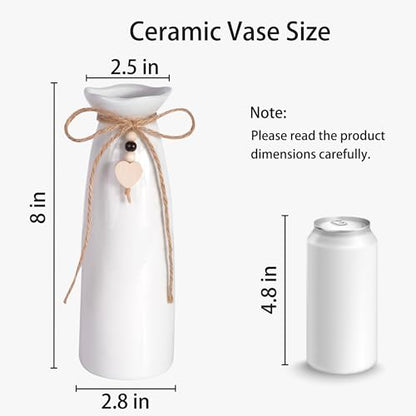 8 Inch Ceramic Vase with Jute Rope & Heart Charm, Elegant White Decorative Vase for Home Décor & Table Centerpieces - style: Slim