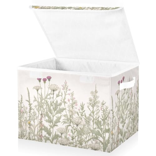 Vintage Colorful Herbs and Wild Flowers Floral Storage Bins with Lids and Carrying Handle,Foldable Storage Boxes Organizer Containers Baskets Cube with Cover for Home Bedroom Closet Office - color: Vintage Colorful Herbs and Wild Flowers Floral