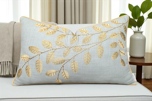 Rudransha Hand Embroidered Cotton Lumbar Pillow Cover - 12x20 Robin’s Egg Botanical Leaf Accent - Hazel Leaves - color: Robins Egg-hazel, size: 20" x 12" (Pack of 1)