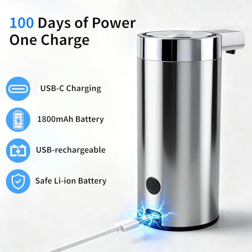 Touchless Automatic Soap Dispenser,11.84 oz Rechargeable Automatic Soap Dispenser, 3-Level Adjustable Liquid soap Dispenser, Suitable for bathrooms and Kitchens (Stainless)