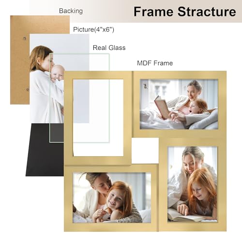 4x6 Picture Frames Collage 1 Pack, 4 Opening Multi Family Photo Collage Frames with Real Glass for Wall Hanging or Tabletop, Gold - color: Gold