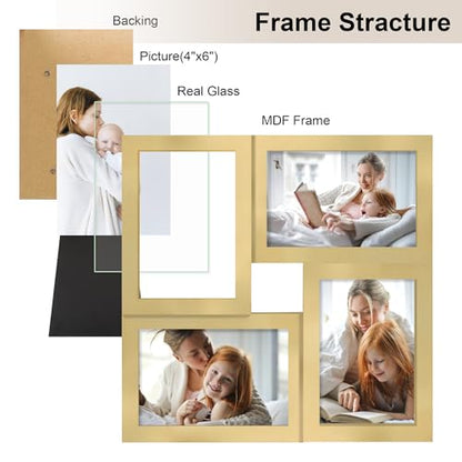 4x6 Picture Frames Collage 1 Pack, 4 Opening Multi Family Photo Collage Frames with Real Glass for Wall Hanging or Tabletop, Gold - color: Gold