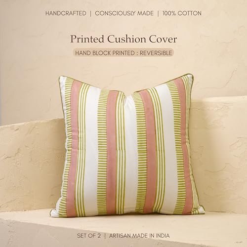 JBH Hand Block Print Reversible Throw Pillow Covers 18x18 Inch Set of 2 – Handmade Cotton Throw Pillow Cases (Dusty Pink, Green, Cream, 18x18Inch) - color: Dusty Pink, Green, Cream