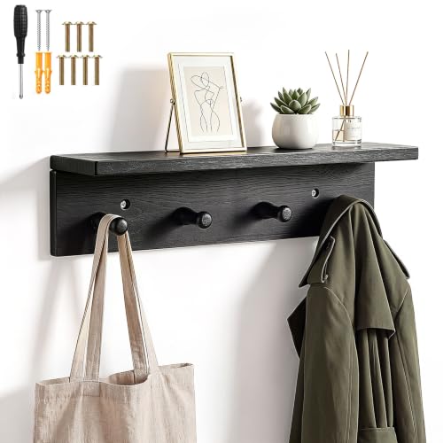 1 Pack Walnut Wood Entryway Coat Rack with Shelf & 4 Hooks