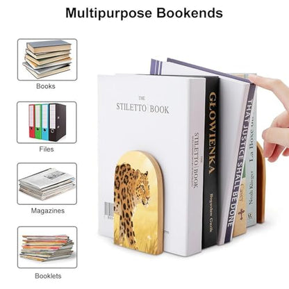 Personalized Wood Book Ends Metal Base Golden Leopard Illustration Printing Bookend Modern Heavy Duty Bookends for Home Or Office 1 Pair - color: Golden Leopard Illustration