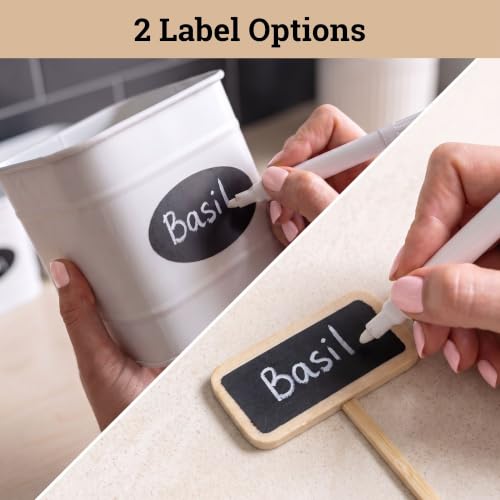 Herb Planter Indoor, 3-pc Herb Pots w/ Drainage Holes, Bamboo Tray & Labels | Iron Herb Pots, Varnished Bamboo Tray with Anti-Skid Base, Customizable Oval Sticker and Stick Labels & Chalkboard Marker Pen - color: White