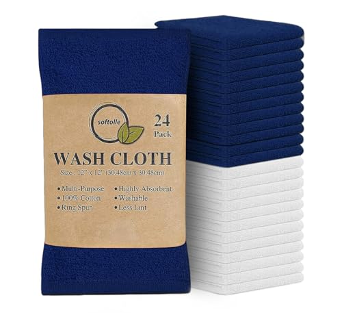 100% Cotton Washcloths 24 Pack (12x12 Inches) Soft, Highly Absorbent Washcloth, Face Towels, Wash Cloths for Face, Ring Spun, Bulk Pack (Navy Blue/White) - color: Navy Blue/White, size: 24 Pack