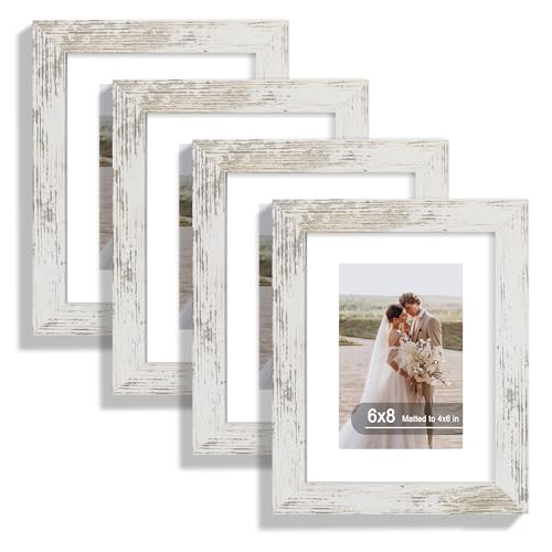 Hongkee 6x8 Picture Frame Set of 4, Made of Real Glass and Distressed White Frame - Display Picture 4x6 with Mat or 6x8 Without Mat, 6 by 8 Photo for Wall or Tabletop - color: Distressed White, size: 6x8 in