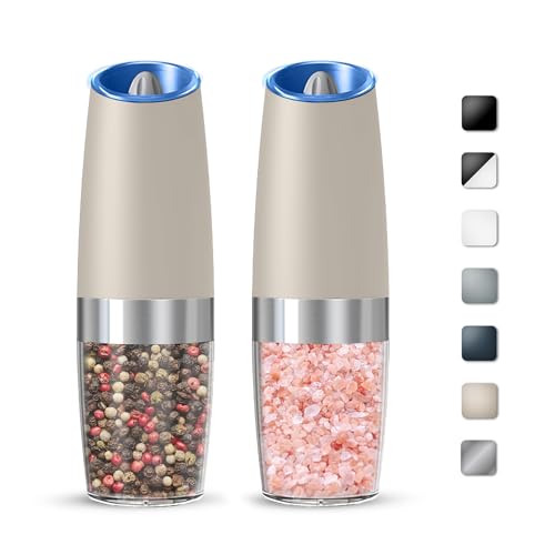 Battery Gravity Salt Pepper Grinder Set, 2 Pack (Khaki) | Gravity Automatic Grinder With LED Light & Adjustable Roughness, Each Requires 6 AAA Batteries For Kitchen Daily Seasoning - color: Battery/Set/Khaki