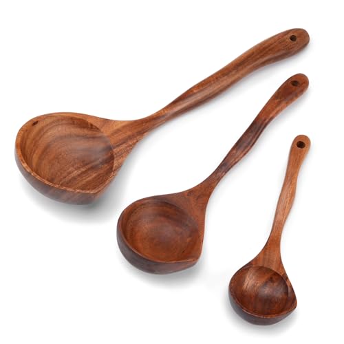 3 PCS Wooden Spoon Set, Natural Teak Large Soup Ladel for Cooking | Mixing Spoon,Durable, Nonstick Safe & Heat Resistant with Ergonomic Handles, Wooden Cooking Spoon,for Kitchen Tasks - size: 3 pieces (Teak)