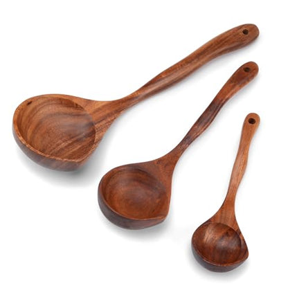 3 PCS Wooden Spoon Set, Natural Teak Large Soup Ladel for Cooking | Mixing Spoon,Durable, Nonstick Safe & Heat Resistant with Ergonomic Handles, Wooden Cooking Spoon,for Kitchen Tasks - size: 3 pieces (Teak)