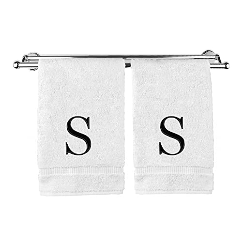 Monogrammed Hand Towel, Personalized Gift, Set of 2- Black Block Letter Embroidered Towel - Extra Absorbent 100% Turkish Cotton - Soft Terry Finish - Initial S White - color: White & Black, size: Initial S
