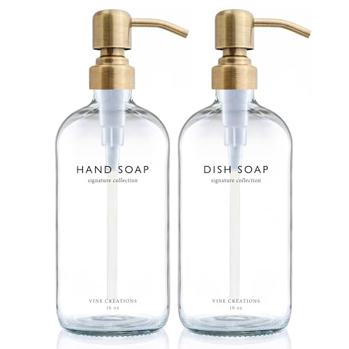 Vine Creations Clear Glass Soap Dispenser Set, Dish Soap and Hand Soap Dispenser Set with Stainless Steel Pump, 16 oz Glass Dispensers for Kitchen Bathroom Decor (Clear Bottle/Brushed Brass Pump) - color: Clear Bottle / Brushed Brass Pump