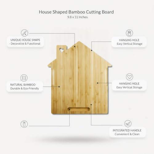 House Shaped Bamboo Cutting Board, Natural Wood Chopping Block with Hanging Hole for Kitchen Prep and Serving, 9.8 x 11 Inches (1 PC)