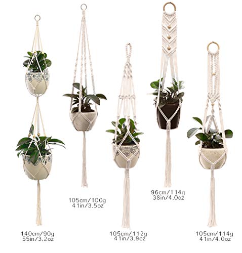 Macrame Plant Hangers Handmade Cotton Rope Flower Pot Holder Boho Theme Indoor Outdoor - Pack of 5 with Ceiling Hooks