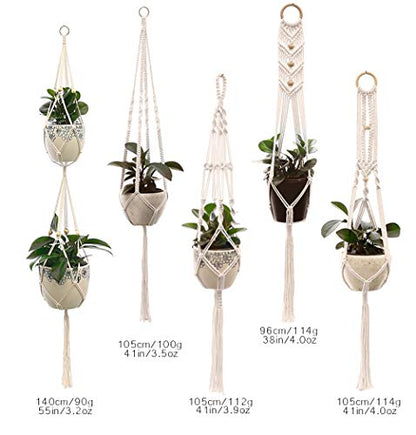 Macrame Plant Hangers Handmade Cotton Rope Flower Pot Holder Boho Theme Indoor Outdoor - Pack of 5 with Ceiling Hooks