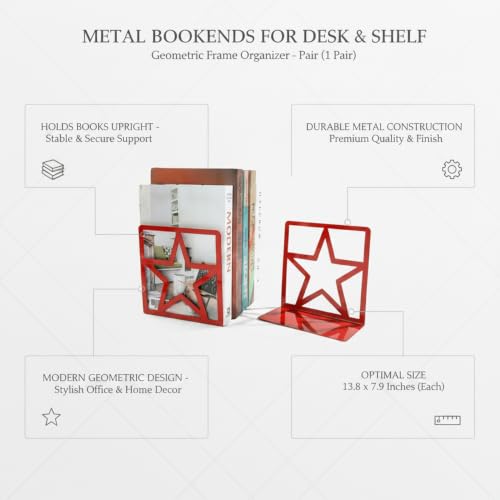 Versatile Metal Bookends for Home and Office, Geometric Frame Design Keeps Books Upright, Modern Desk Organizer, 13.8 x 7.9 Inches, Pair