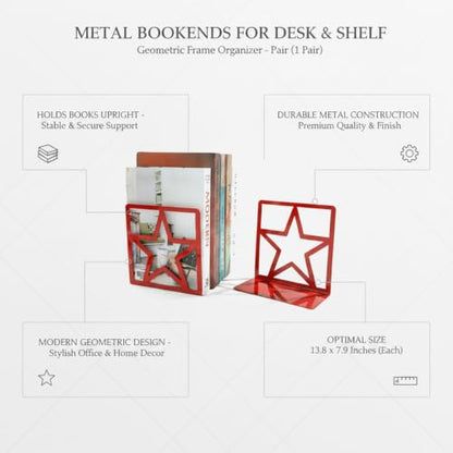 Versatile Metal Bookends for Home and Office, Geometric Frame Design Keeps Books Upright, Modern Desk Organizer, 13.8 x 7.9 Inches, Pair