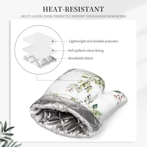 Sage Green Eucalyptus Oven Mitts and Pot Holders Set, 4pcs Silicone Watercolor Butterfly Leaves Oven Glove for Kitchen Heat Resistant Oven Mitts and Potholders Non-Slip for Cooking - color: Sage Green