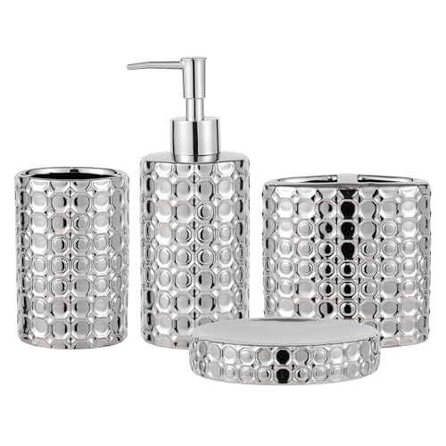 Silver Bathroom Accessories Set, 4 Piece Ceramic Honeycomb Design, Soap Dispenser Pump, Tumbler, Toothbrush Holder, Soap Dish - color: Silver