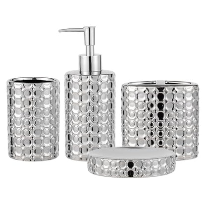 Silver Bathroom Accessories Set, 4 Piece Ceramic Honeycomb Design, Soap Dispenser Pump, Tumbler, Toothbrush Holder, Soap Dish - color: Silver