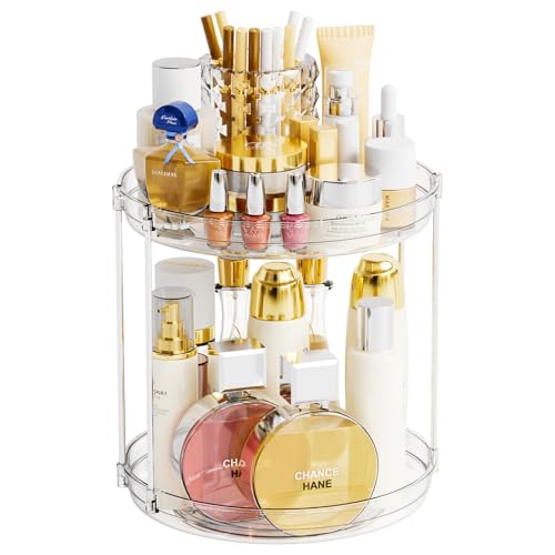 Clear 360 Rotating Bathroom Counter Organizer,2 Tier Spinning Perfume Organizer and Makeup Tower for Lotion,Hair,Face Skincare Beauty Products,Tiered Lazy Susan and Makeup Organizers for Vanity - style: Round