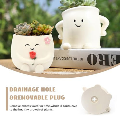 2 Pack Smiley Face Planter Pots with Drainage Hole, 3.5 Inch Cute Ceramic Succulent Pots, Funny Flower Planters for Indoor Outdoor Home Office Decor, Flower Vase Gift for Plant Lovers