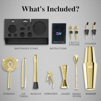 IOV Cocktail Shaker Set: 12-Piece Mixology Bartender Kit Bar Set | 16oz & 28oz Boston Shaker Drink Mixing Tools for Home with Recipe Booklet and Stand | Fun Housewarming Gift (Gold) - color: 12 Pcs - Gold