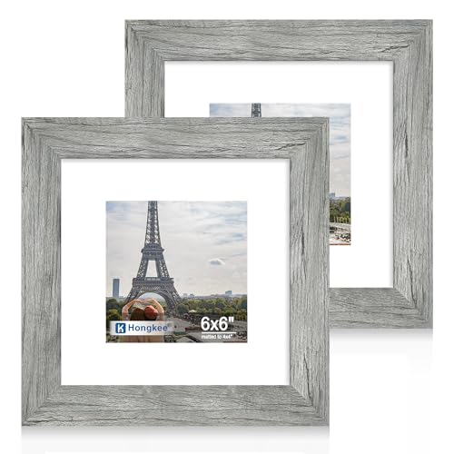 Hongkee 6x6 Picture Frame Set of 2, Made of Real Glass and Grey Wooden Frame - Display Square 4x4 with Mat or 6x6 Without Mat, 6 by 6 Photo for Wall or Tabletop - color: Grey, size: 6X6 in